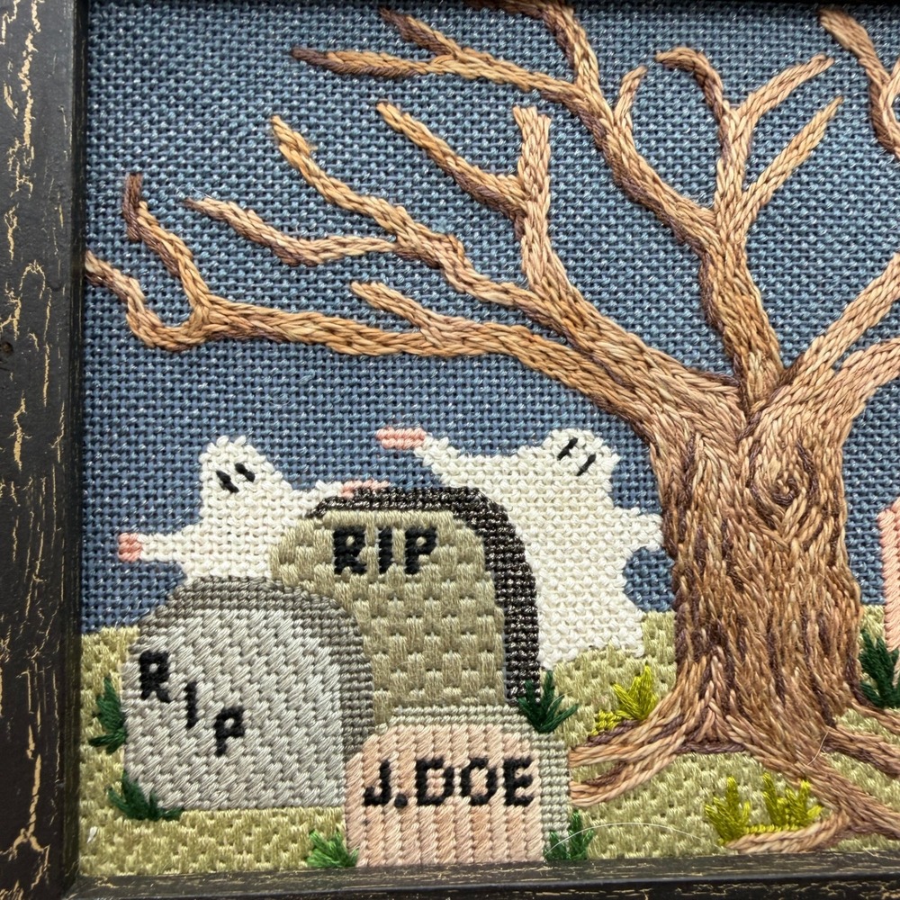 Halloween Needlepoint Framed Ghost Graveyard Spooky Shelf Sitter Handmade Art - Picture 3 of 13